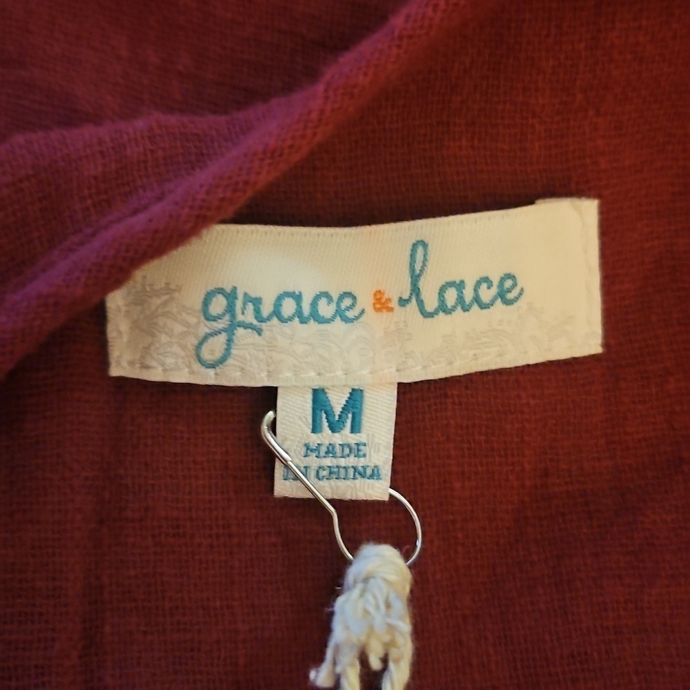 GRACE & LACE Floral Mexican Embroidered Maroon Fringe Long Sleeve Cotton Top - Picture 9 of 12